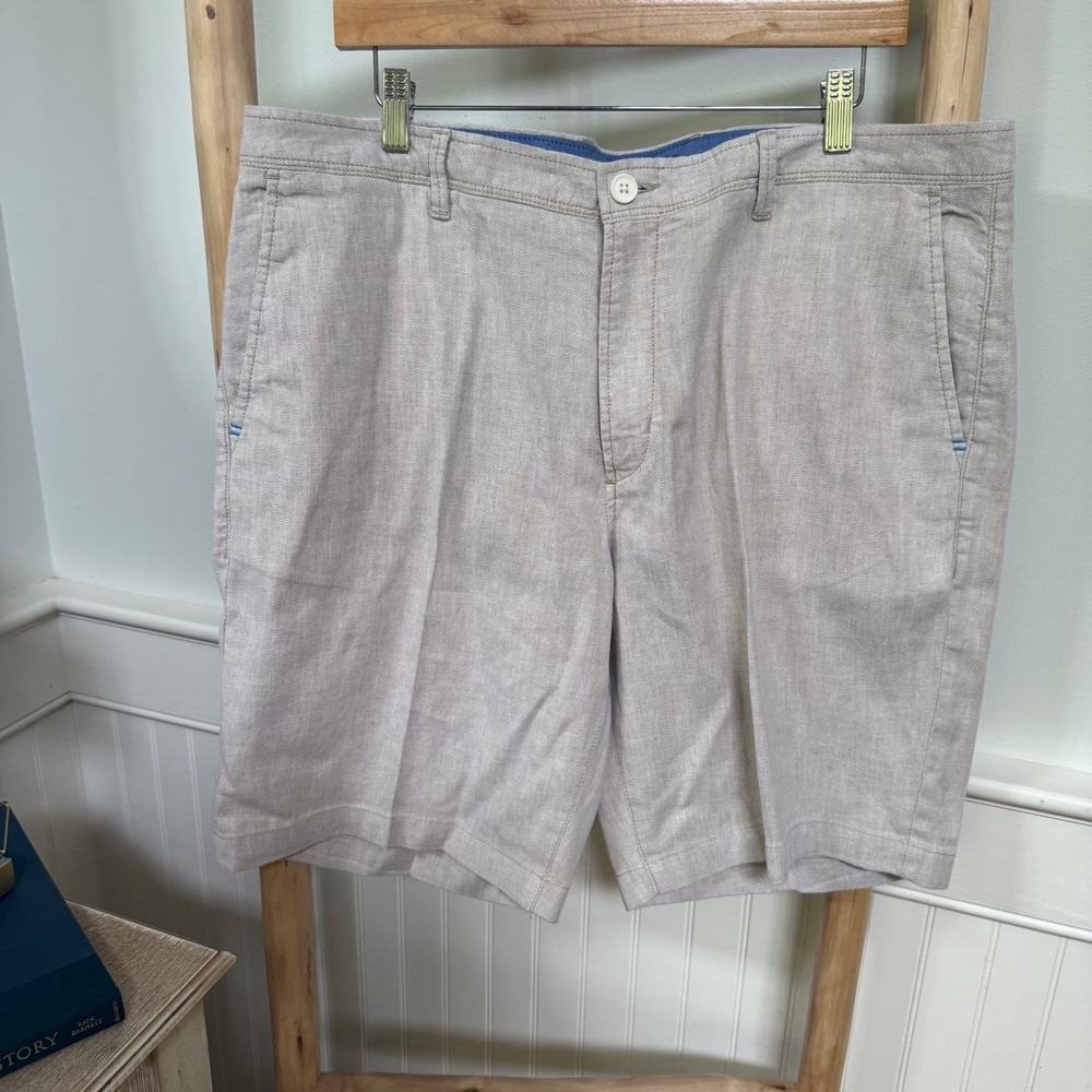 Tommy Bahama Mens Khaki Linen Blend Flat Front Shorts 38x10 Tan Tropical Trim